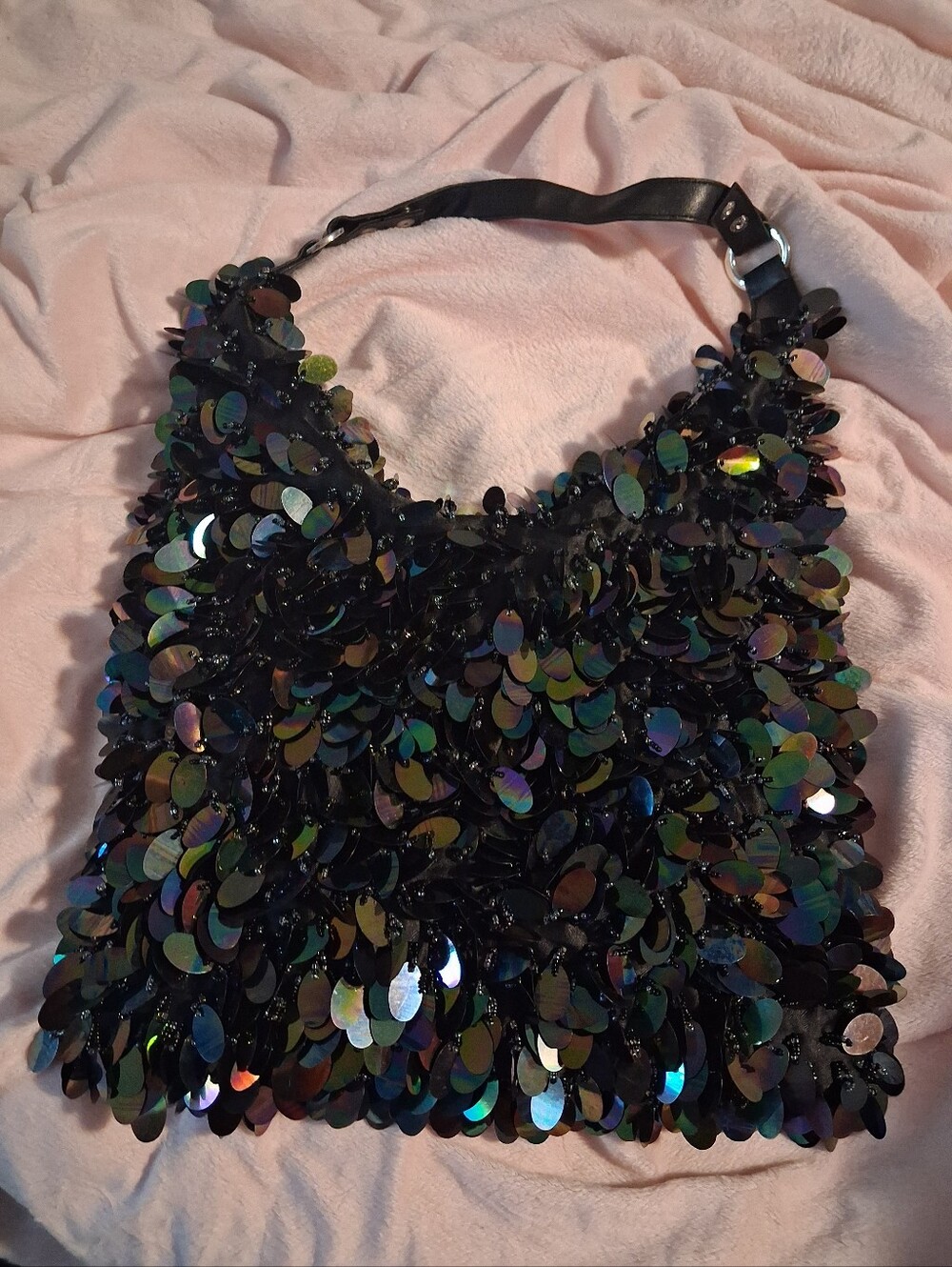 Y2K Sequin-Embellished Black Iridescent Slouch Hobo Bag